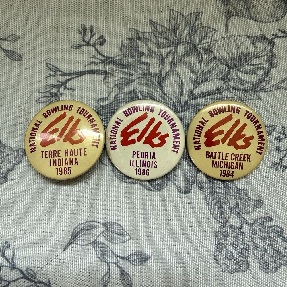 Vtg ANNUAL Elks Bowling Tournament 80s Pin Button Lot Michigan Indiana Illinois